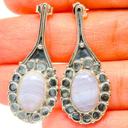 Blue lace agate teardrop earrings, 925 sterling silver, oval cabochon with blue stone bezel