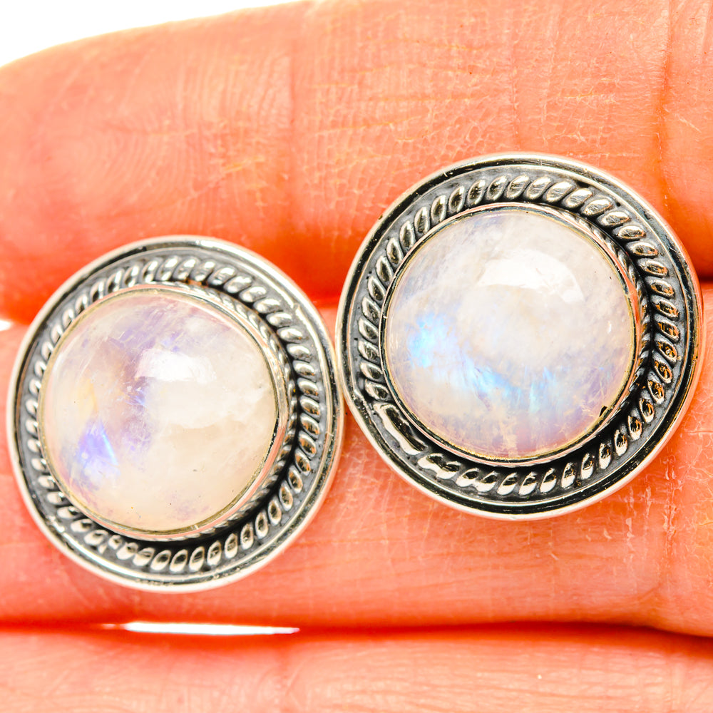Round moonstone earrings, 925 sterling silver bezel with engraved edge and rainbow sheen