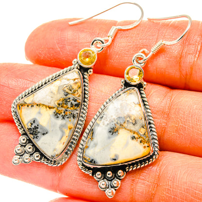 Silver teardrop earrings with dendritic agate, citrine yellow top stones, fishhook backs