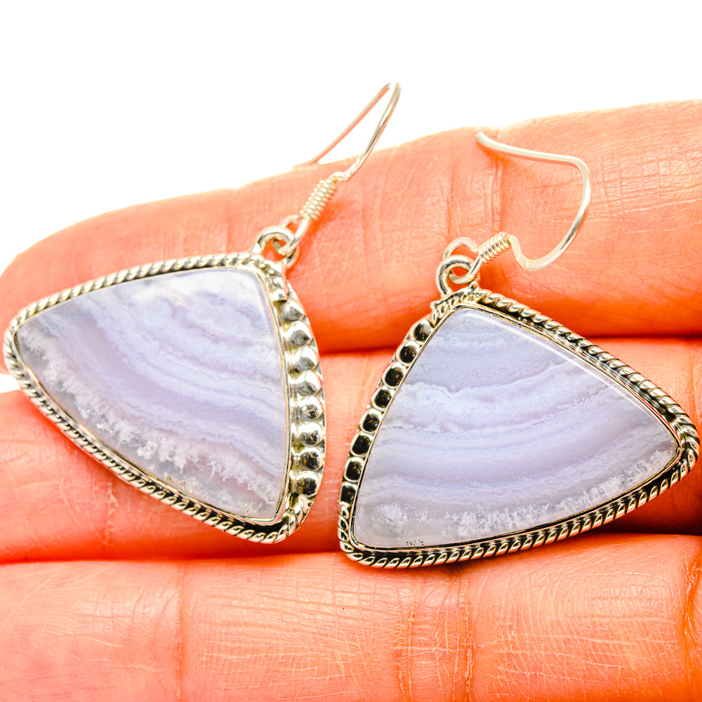 925 sterling silver triangle lace agate drop earrings, blue-lavender stone, beaded edge