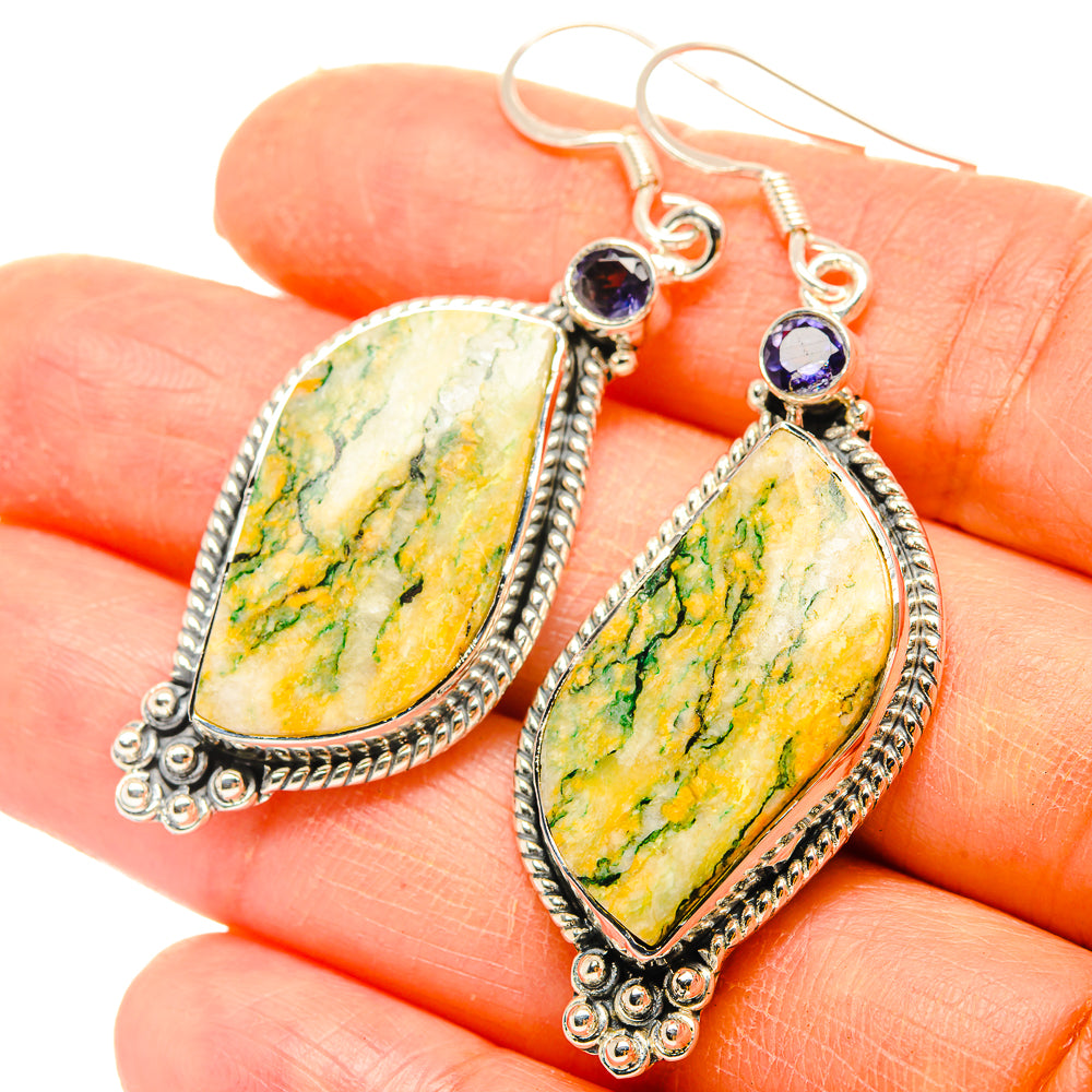 Teardrop green jasper earrings with round blue accents, sterling silver hooks