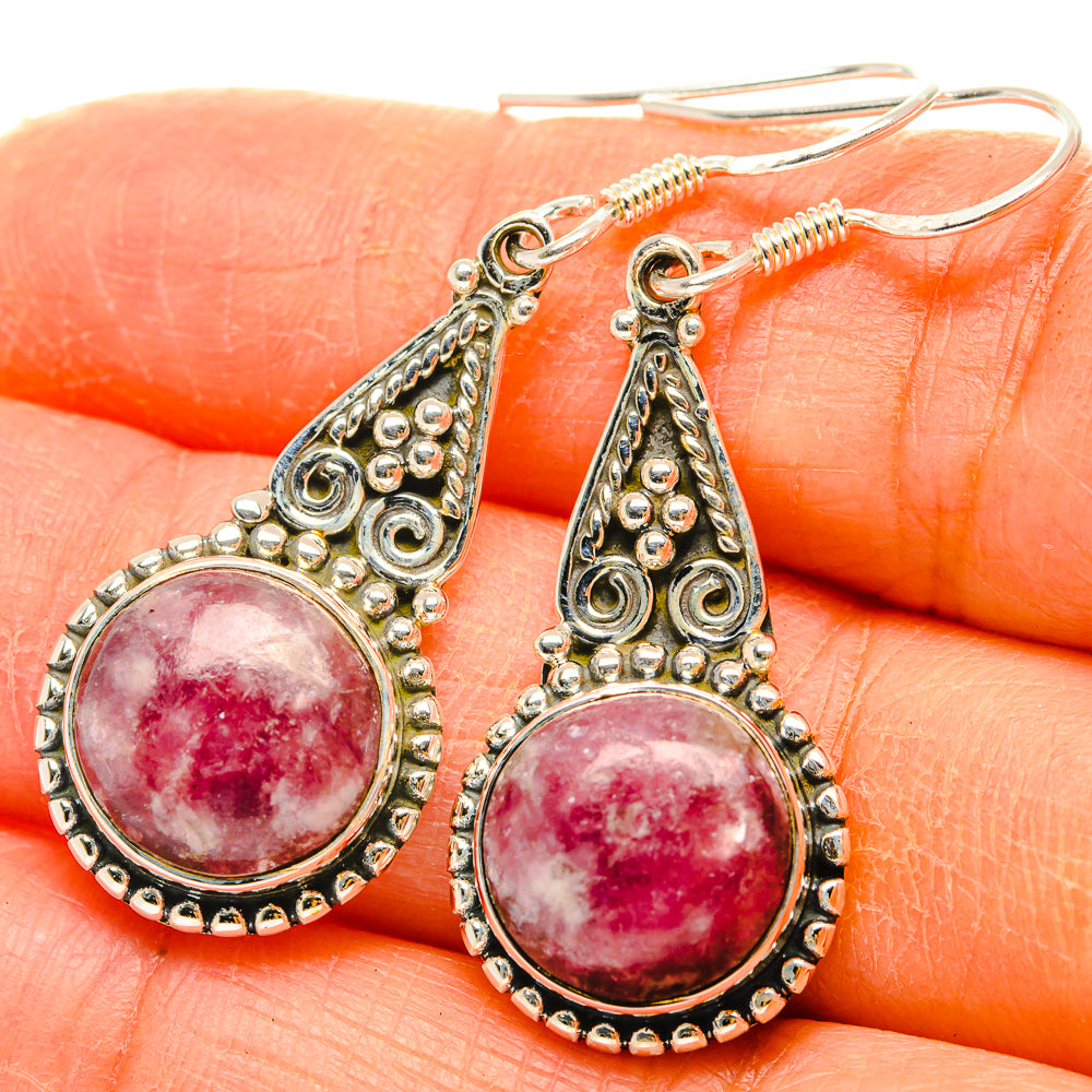 Sterling silver drop earrings with pink lepidolite cabochons and decorative filigree