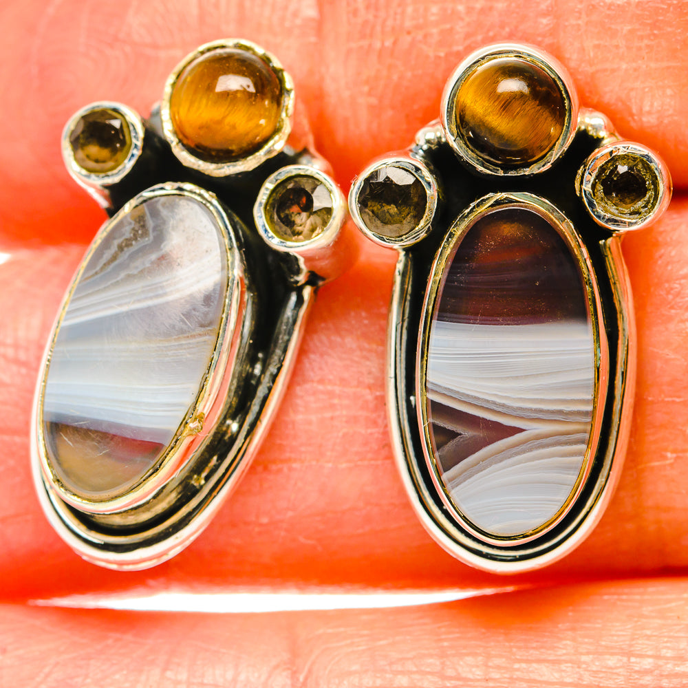 Sterling silver earrings with amber and dark oval stones and striped teardrops.