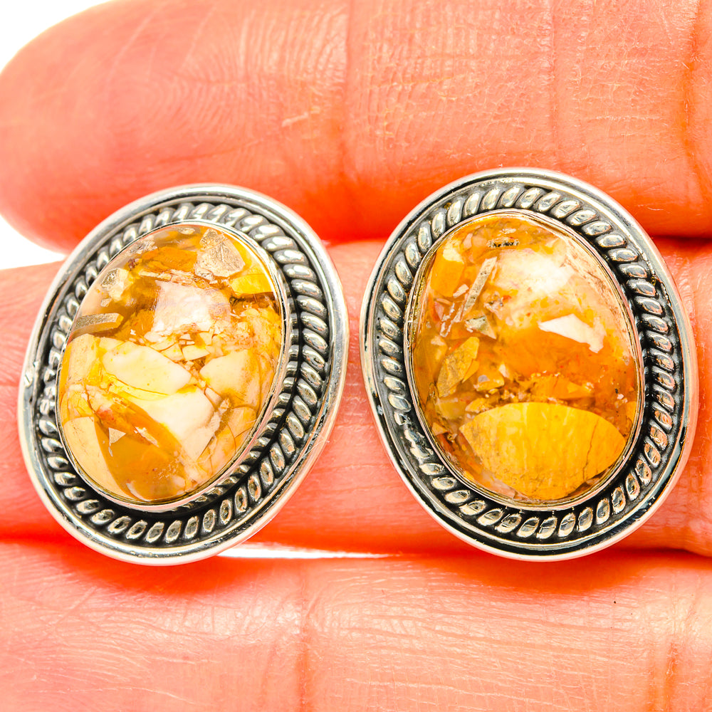 Orange mookaite cabochon stud earrings in 925 sterling silver oval bezels