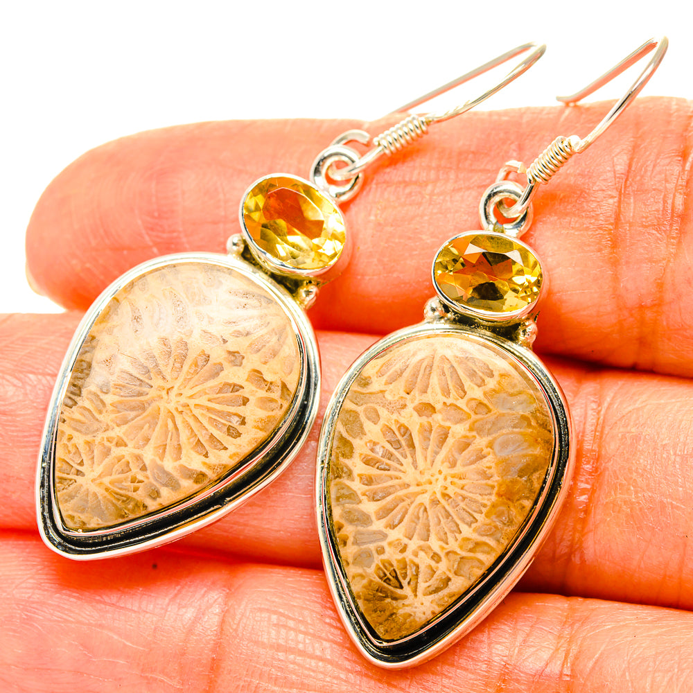 Fossil coral and citrine teardrop dangle earrings, 925 sterling silver, fishhook