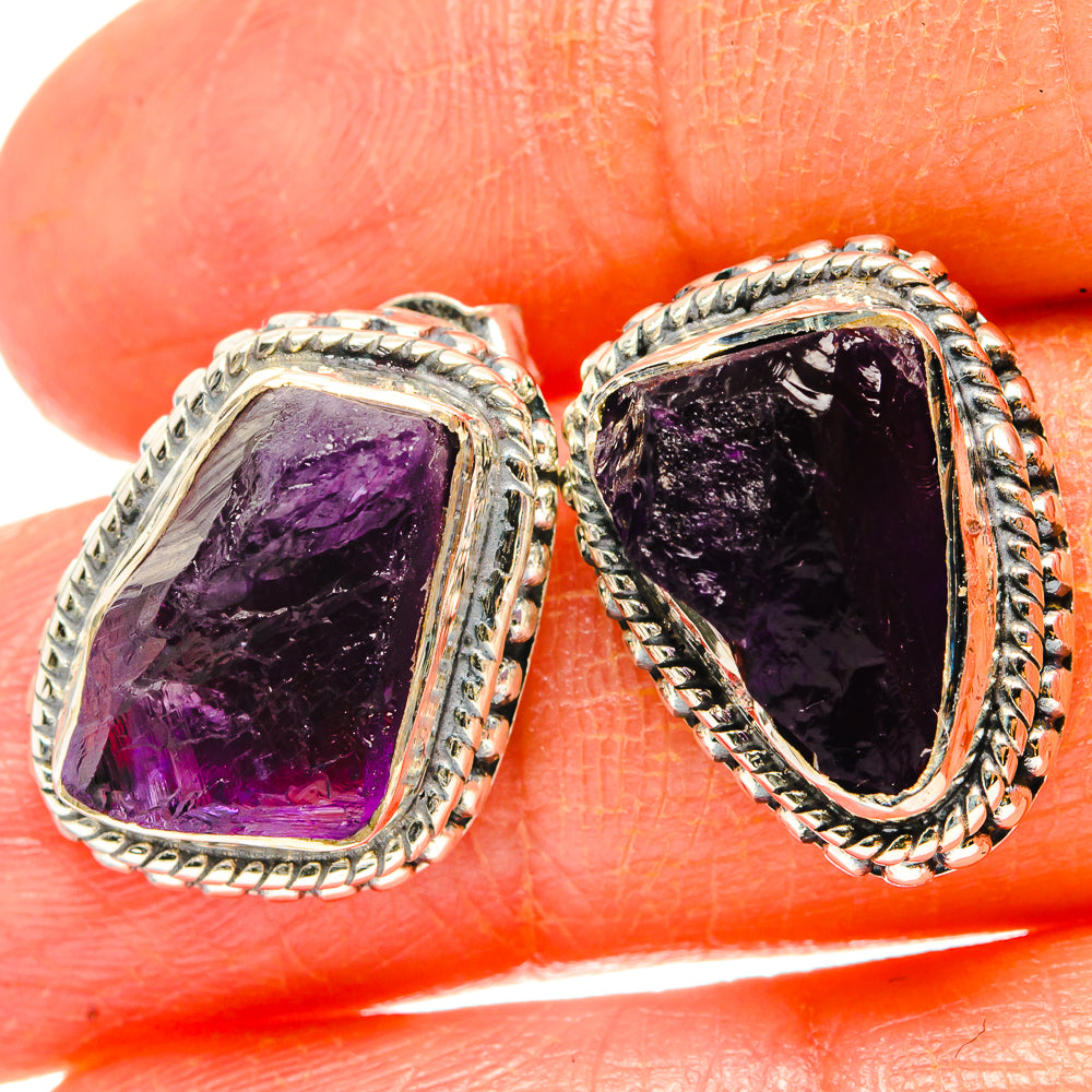 Rough amethyst earrings in 925 sterling silver with oval purple stone bezels