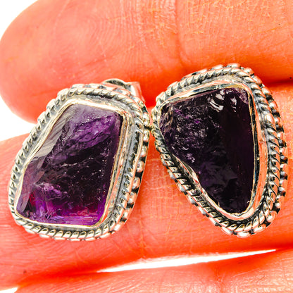 Rough amethyst earrings in 925 sterling silver with oval purple stone bezels
