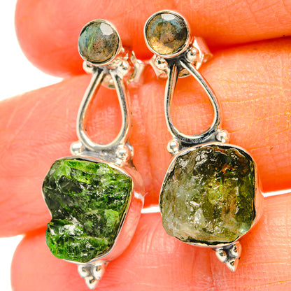 Sterling silver gemstone drop earrings with rough green stones and round top stones