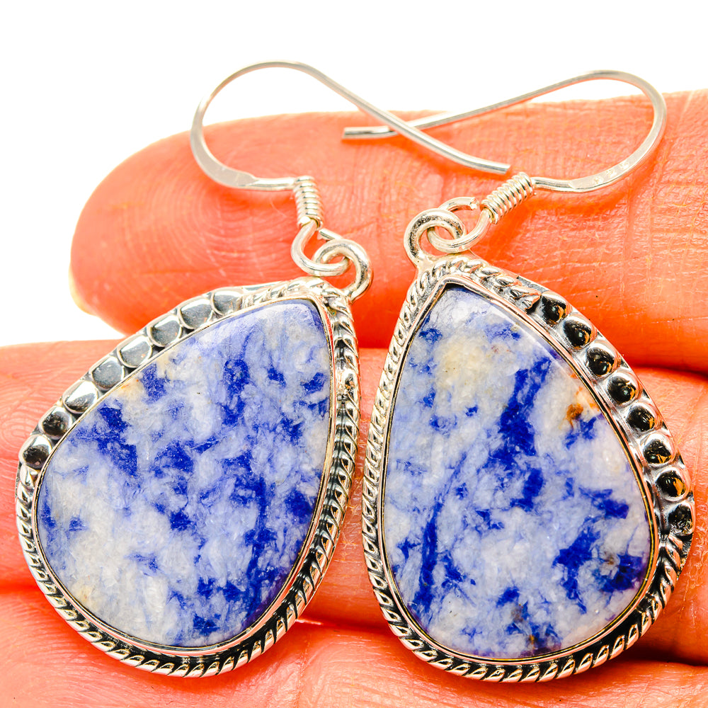 Teardrop sodalite earrings with silver bead edge and lever back, bright blue marbling