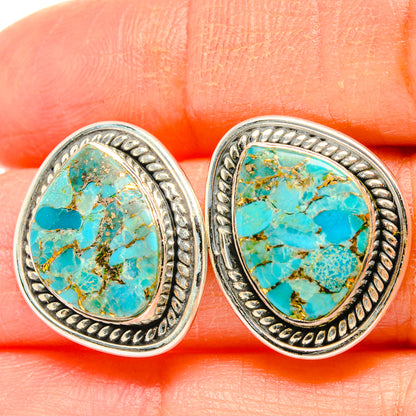 Turquoise chrysocolla cabochon drop earrings in 925 sterling silver, oval bezel