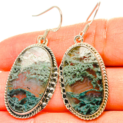 Oval moss agate drop earrings in 925 sterling silver with green veining, fishhook backs