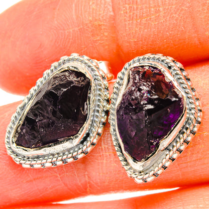 925 sterling silver amethyst earrings with oval teardrop bezel, dark purple rough crystal