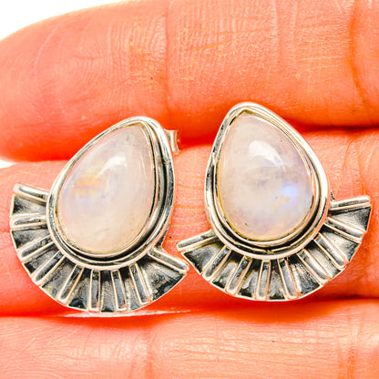Sterling silver teardrop moonstone cabochon earrings with fan-shaped ray settings