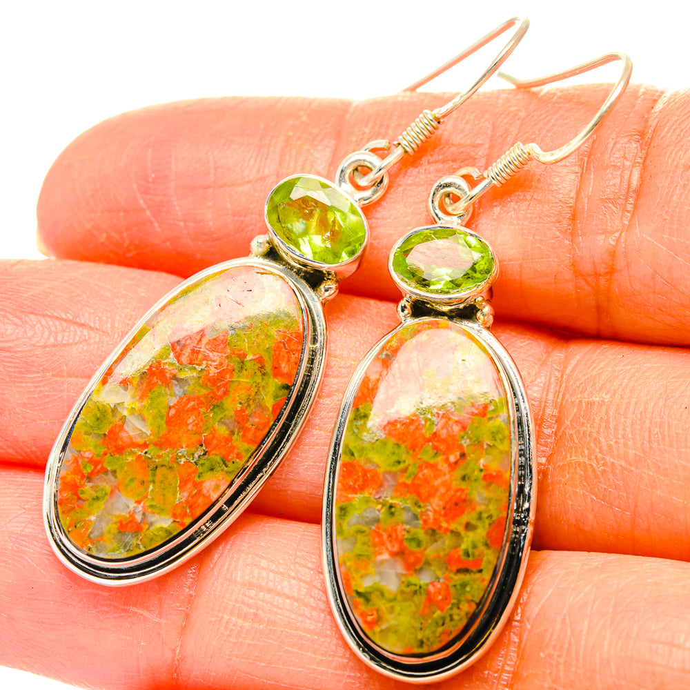Oval unakite drop earrings with peridot green top in 925 sterling silver hooks