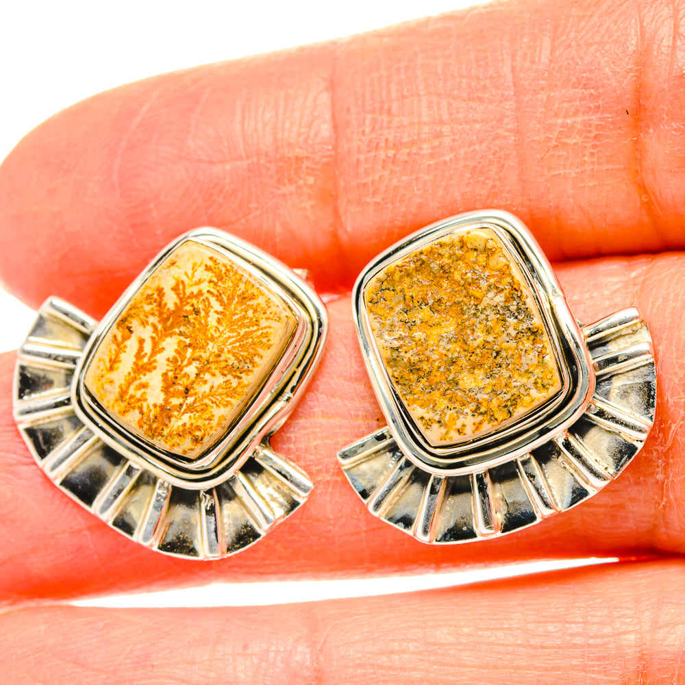 925 sterling silver dendrite earrings with amber stones, rounded-square bezels and fan settings