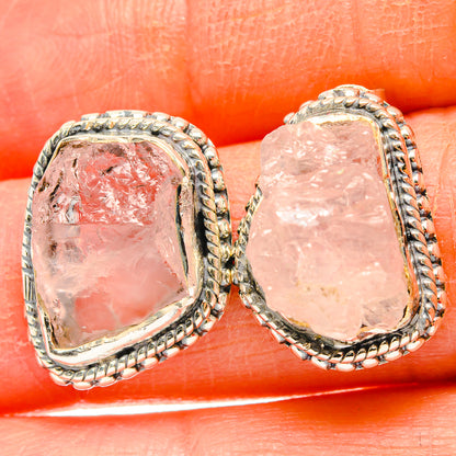 Rough rose quartz stud earrings with ornate 925 sterling silver bezel, pink stone pair