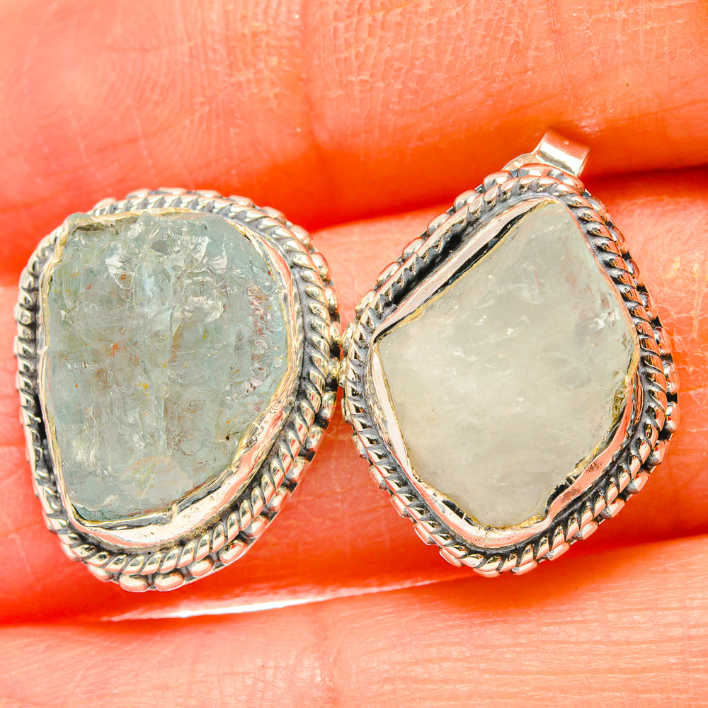 Aquamarine teardrop earrings with rough textured stones in ornate rope 925 silver setting