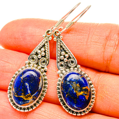 Oval lapis lazuli dangle earrings with sterling silver filigree and blue stone drops