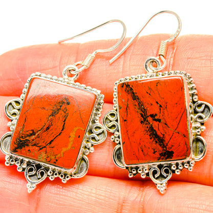Square red jasper drop earrings with 925 sterling silver bezel and ornate border