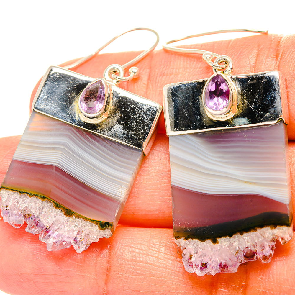 Amethyst oval dangle earrings, 925 sterling silver with striped layers and pink crystal base