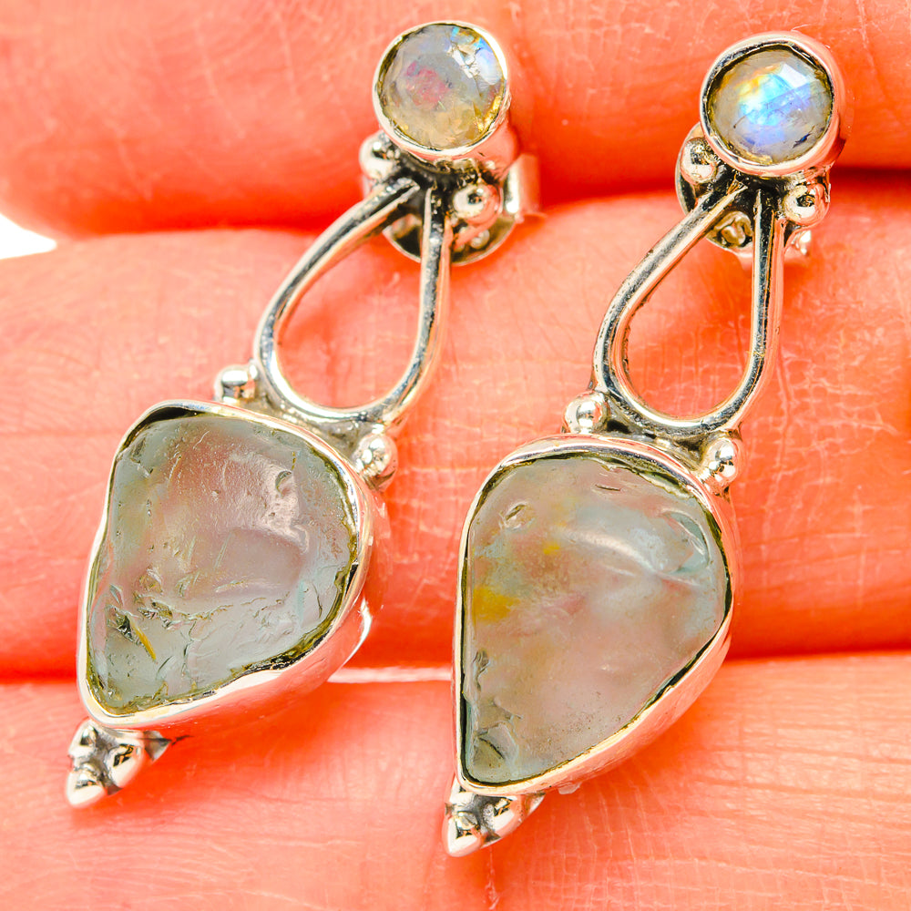 Sterling silver drop earrings with rough opalescent moonstone teardrop stones