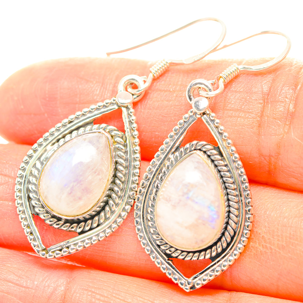 Sterling silver moonstone teardrop drop earrings, ornate scalloped border, fishhook