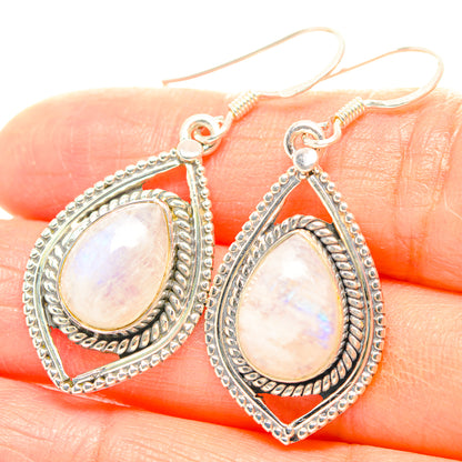 Sterling silver moonstone teardrop drop earrings, ornate scalloped border, fishhook