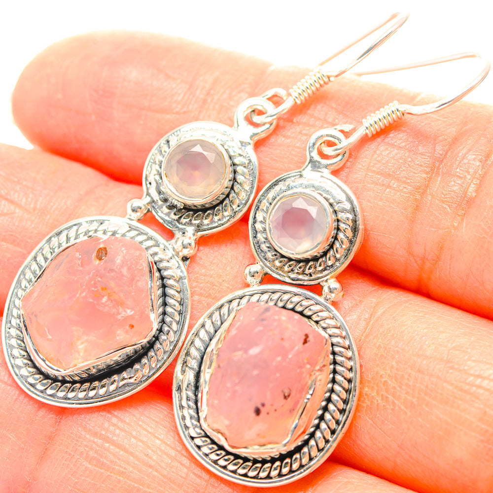 Oval rose quartz drop earrings with sterling silver textured frames and lever hooks