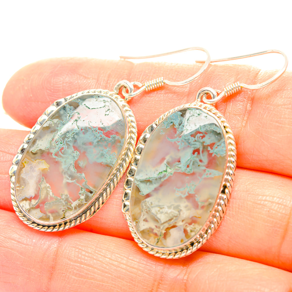 Green moss agate oval drop earrings, 925 sterling silver rope bezel