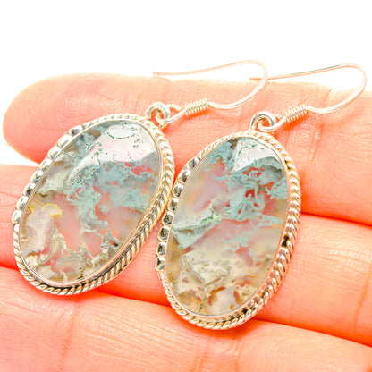 Green moss agate oval drop earrings, 925 sterling silver rope bezel