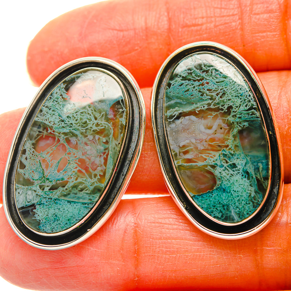 Oval green moss agate earrings in 925 sterling silver bezels, close-up view