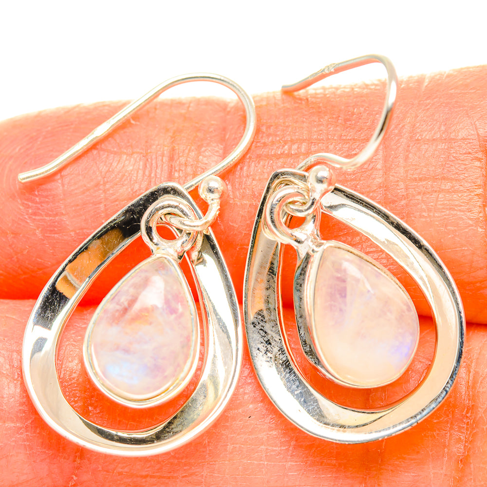 Moonstone teardrop drop earrings in 925 sterling silver, opalescent pink stone
