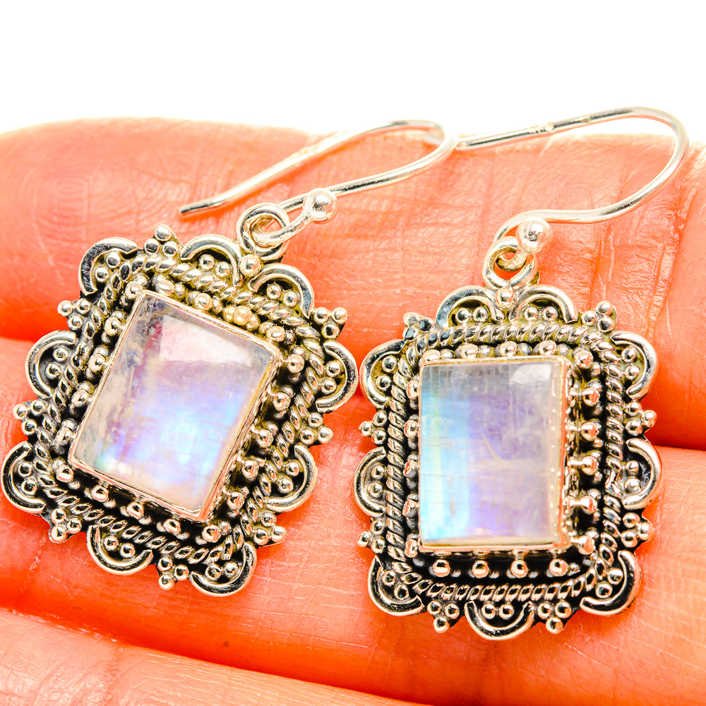 Sterling silver earrings with square iridescent moonstone and ornate hooks