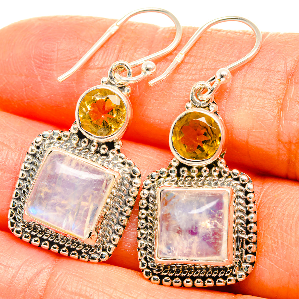 925 silver dangle earrings: round citrine with iridescent moonstone square pendants