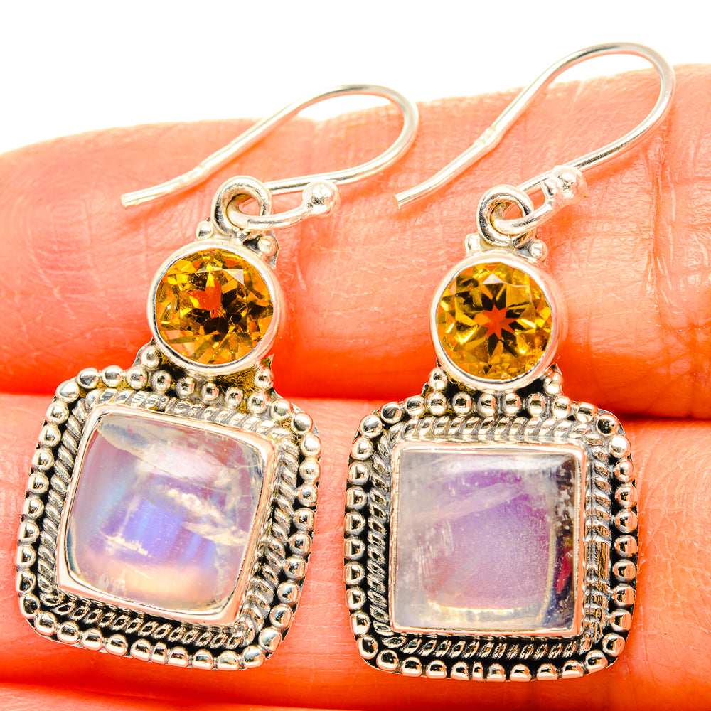 Sterling silver citrine and rainbow moonstone drop earrings with square iridescent stones