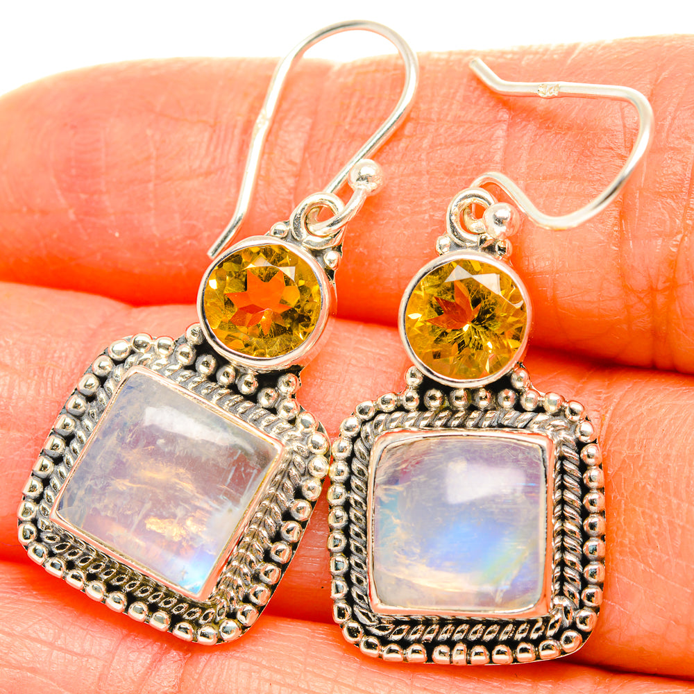 Sterling silver citrine and rainbow moonstone drop earrings, round yellow and square fronts