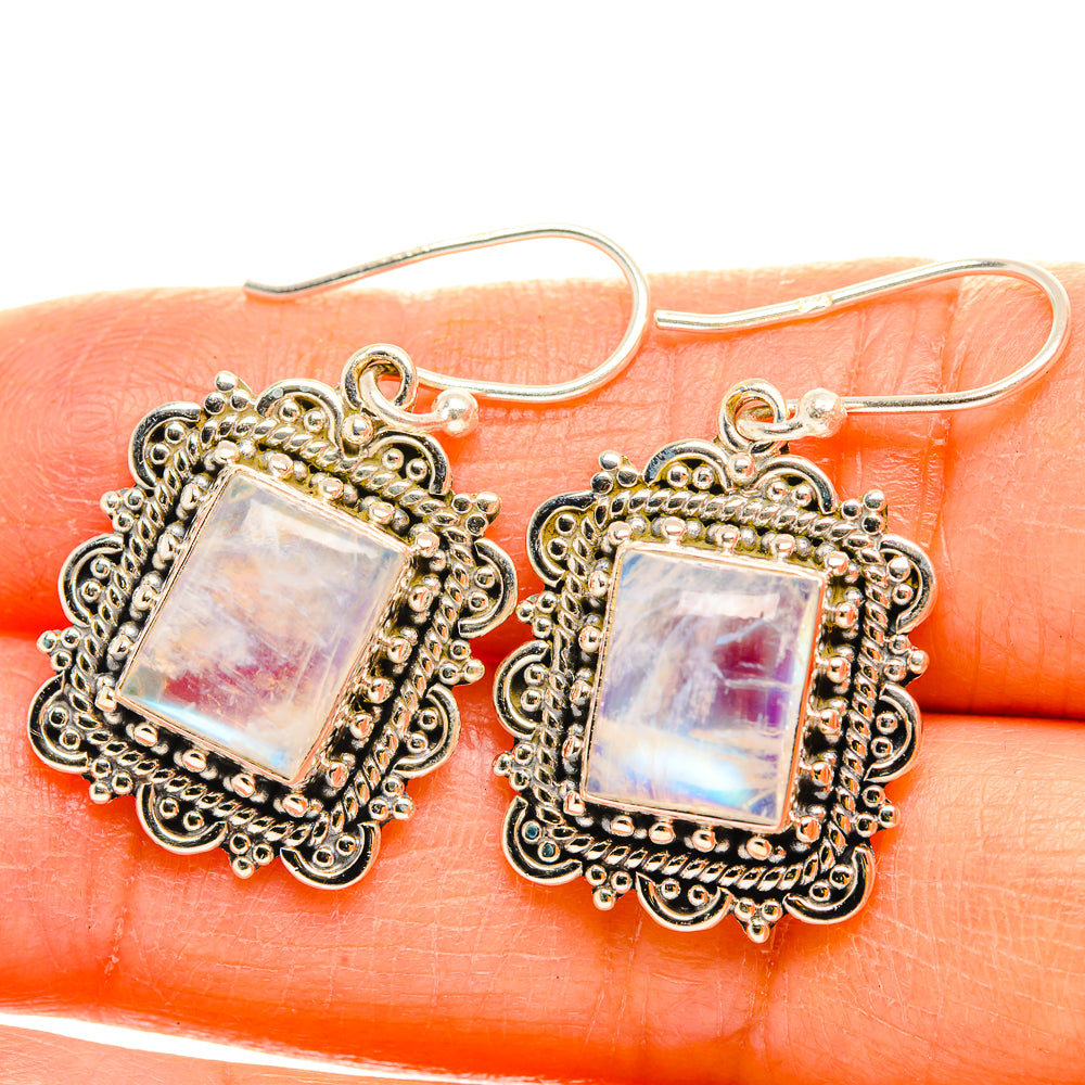 925 sterling silver moonstone drop earrings, square iridescent stone in detailed filigree