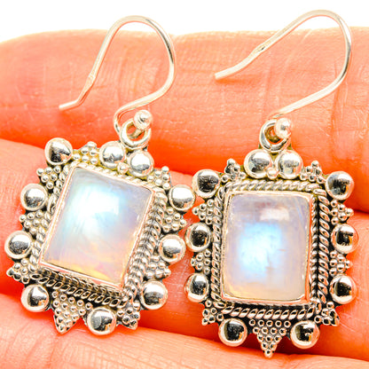 Sterling silver square moonstone earrings with bead border and scalloped frame
