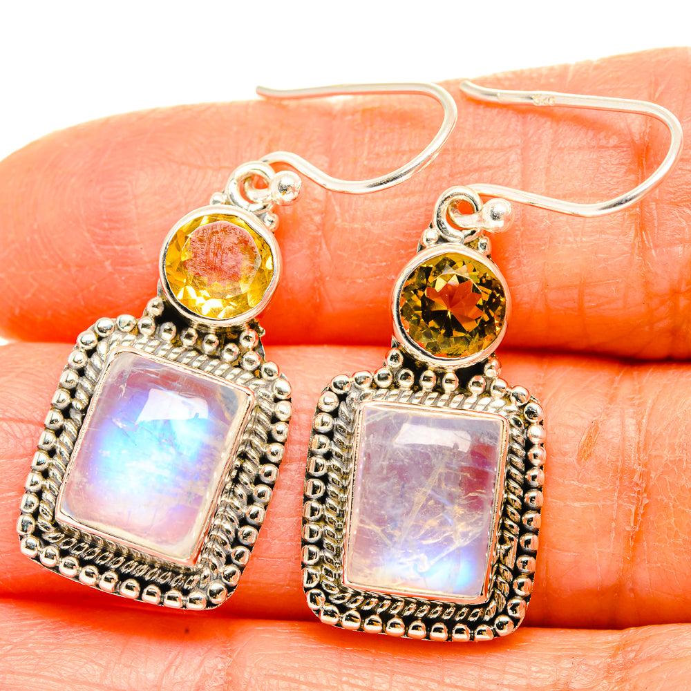 Sterling silver drop earrings with citrine top stones and rainbow iridescent square pendants