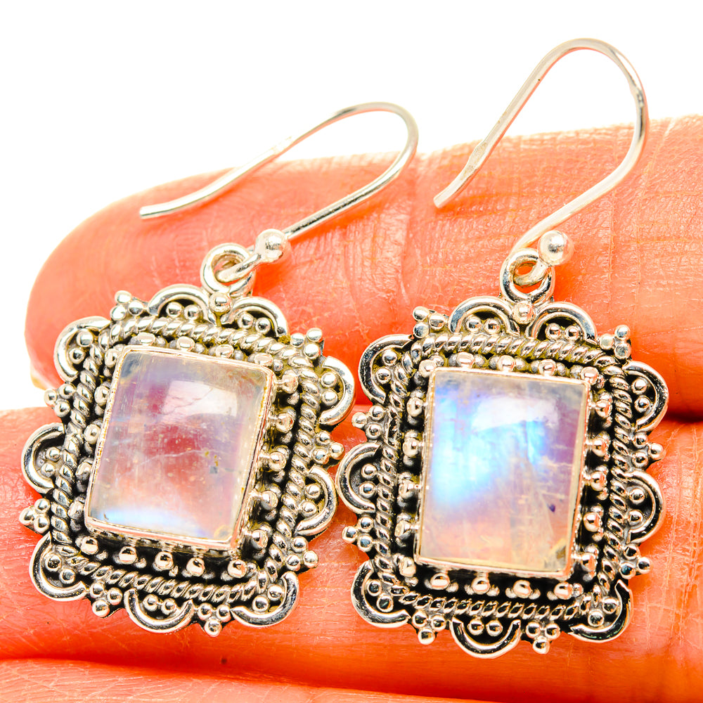 Square opal-like moonstone earrings in ornate gold filigree setting, fishhook