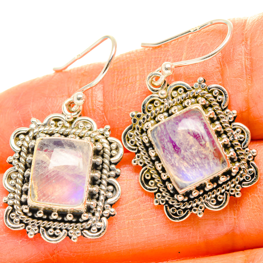 Square rainbow moonstone filigree 925 silver earrings, hook backs with purple glow