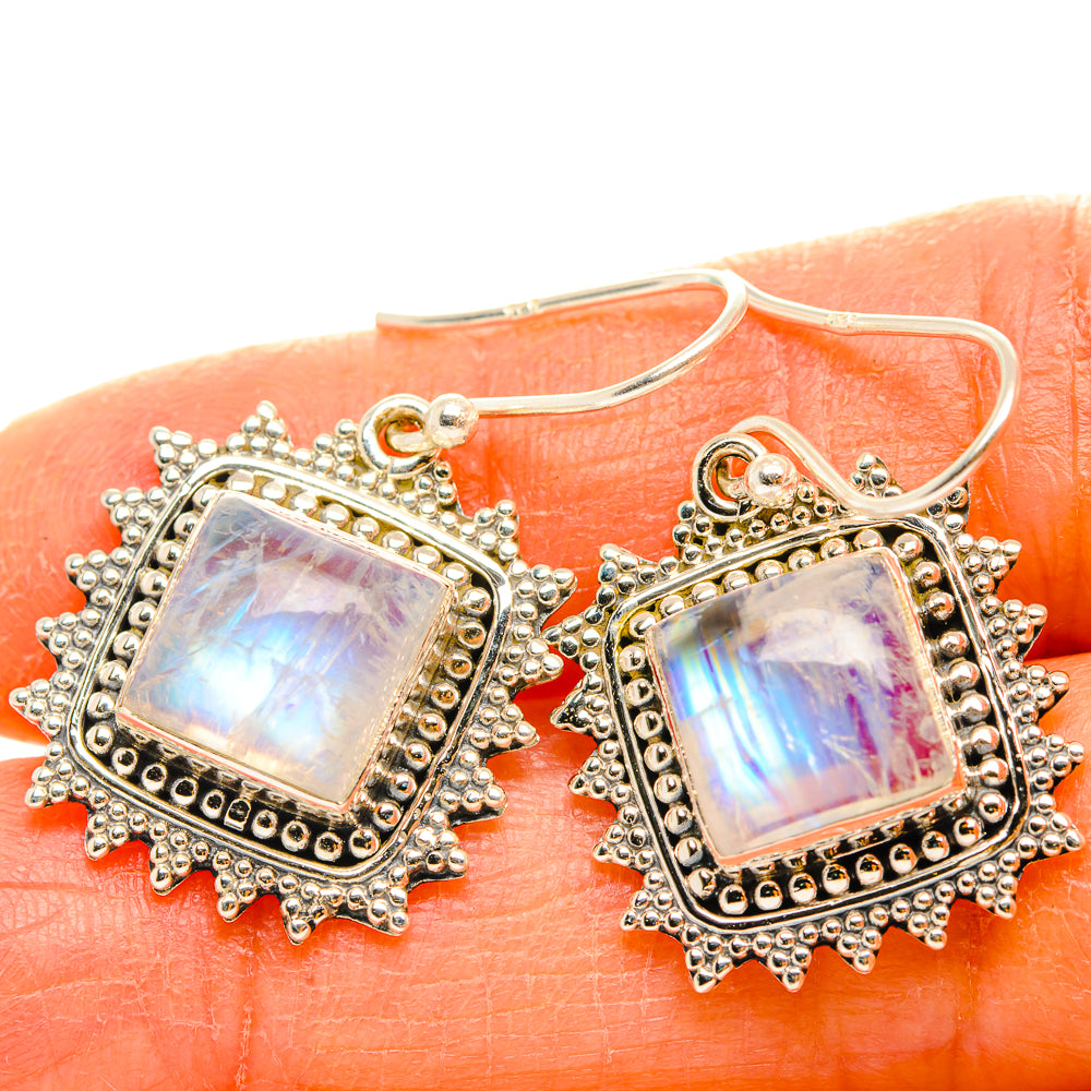 925 sterling silver moonstone earrings, square rainbow shimmer stone in ornate beaded frame