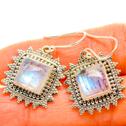925 sterling silver moonstone earrings, square rainbow shimmer stone in ornate beaded frame