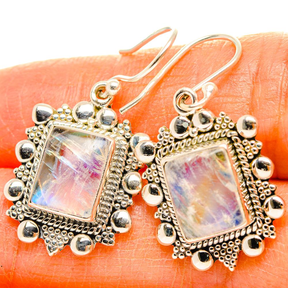Square iridescent moonstone drop earrings in 925 sterling silver with hanging hooks