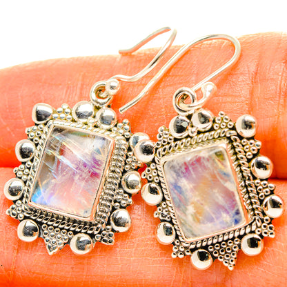 Square iridescent moonstone drop earrings in 925 sterling silver with hanging hooks