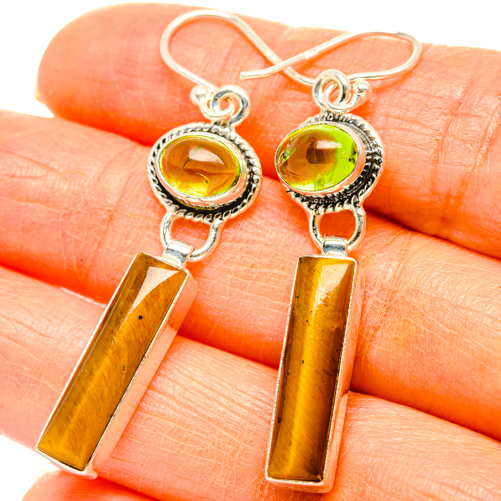 Sterling silver drop earrings: tiger eye bars with green-yellow stone round tops