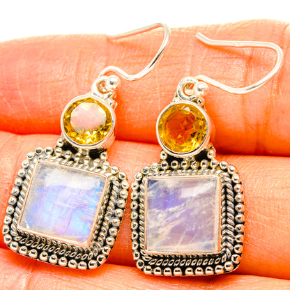 925 sterling silver dangle earrings with round citrine and iridescent square moonstone stones