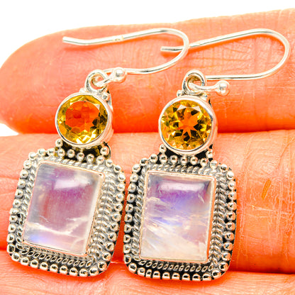Sterling silver drop earrings with round yellow citrine and square iridescent stone panels