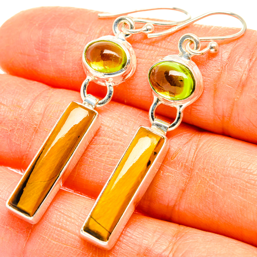 Sterling silver tiger eye and peridot drop earrings, green stones, gold bar dangles