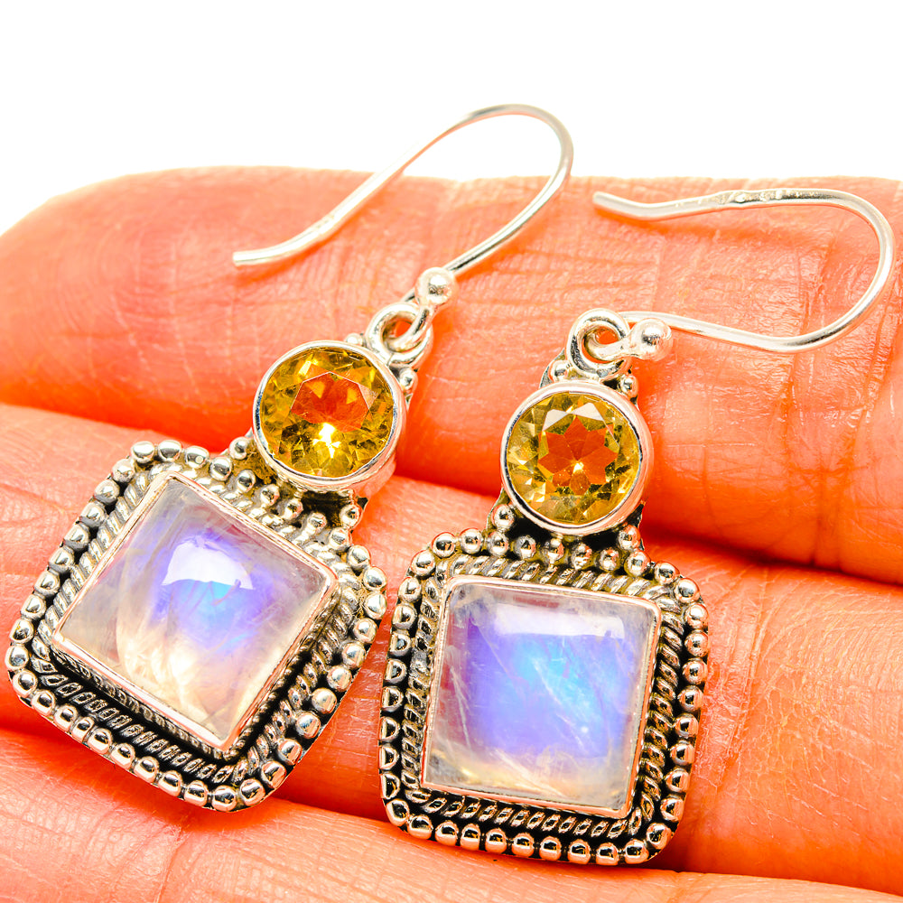 Sterling silver drop earrings with yellow citrine round tops and opalescent square dangles